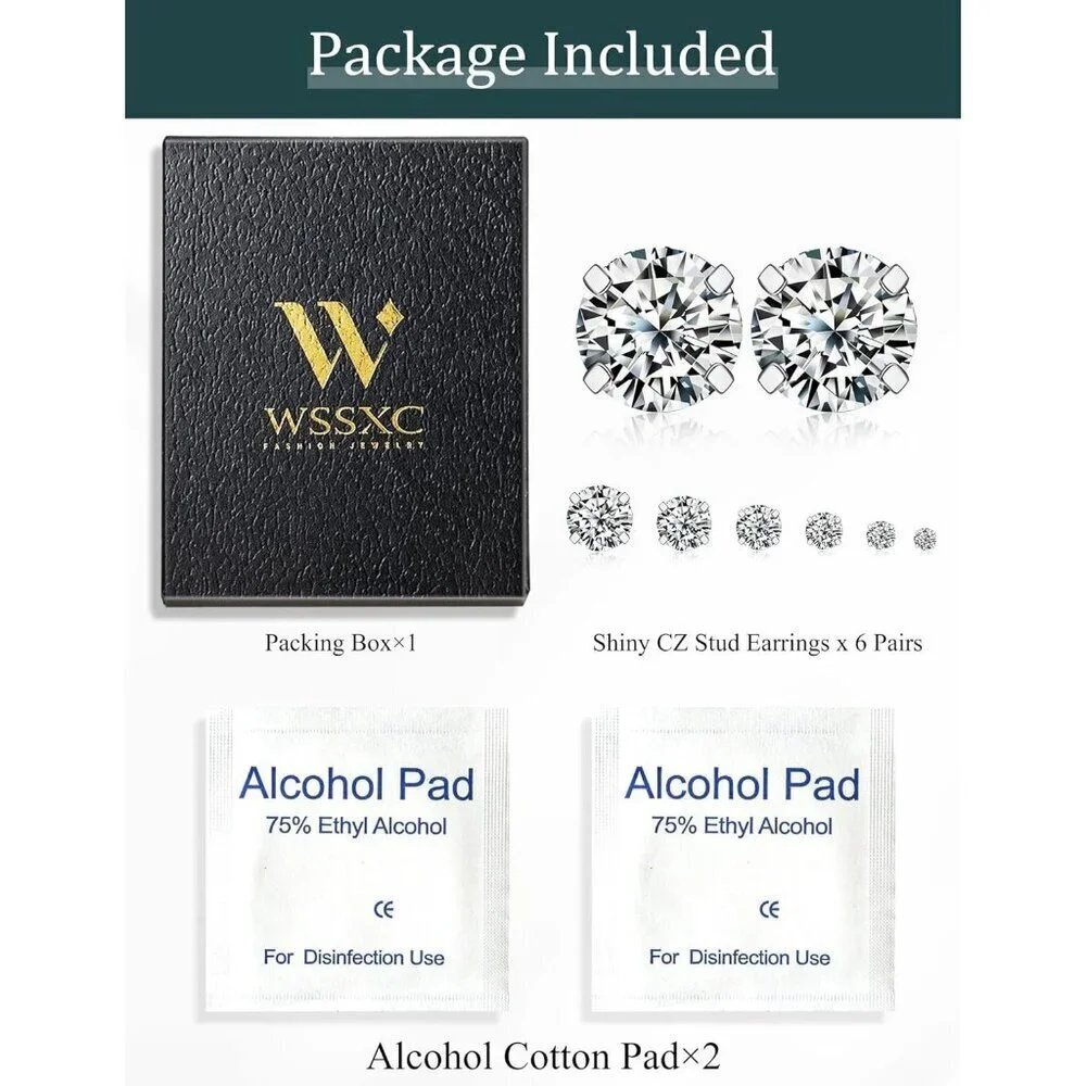 6 Pairs Hypoallergenic CZ Stud Earrings Set - Stainless Steel, 3-8mm - Picture 7 of 9